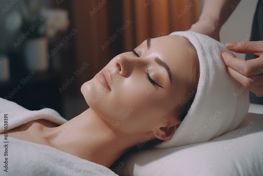 Beautiful young woman receiving facial massage in spa salon. Generative AI Beautiful young woman receiving facial massage in spa salon. Generative AI