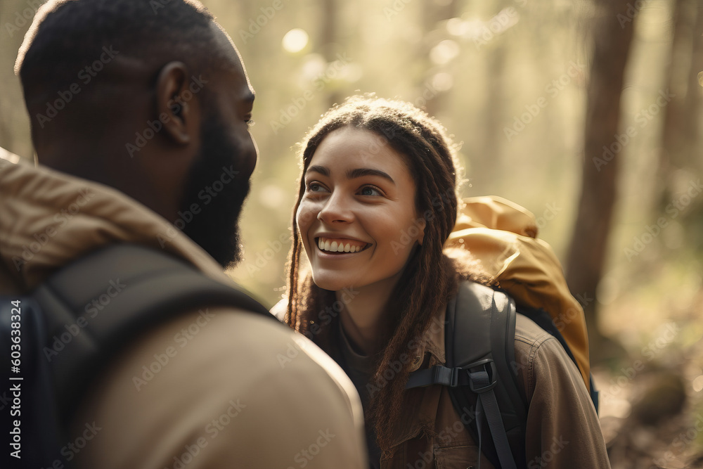 Mixed race couple of hikers walking by forest,. Generative ai Mixed race couple of hikers walking by forest,. Generative ai