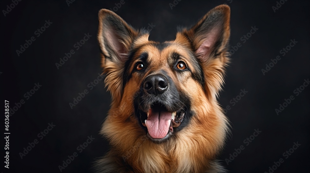 German shepherd on a dark background, happy and cute, majestic portrait - Generative AI