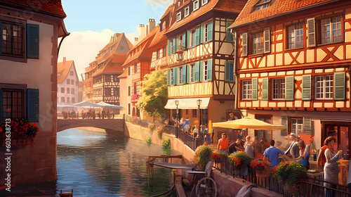 Illustration of traditional colorful half-timbered houses and a river in an old European town