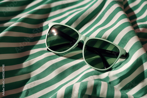 Close-up of a pair of sunglasses on a green and white striped fabric background - Generative AI