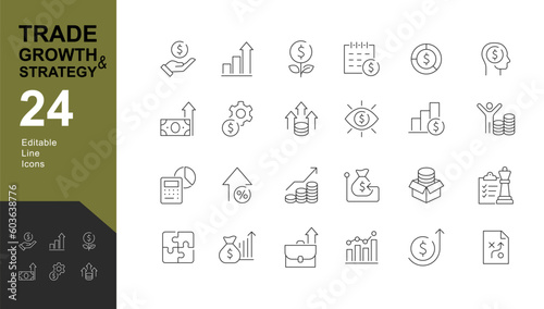 Growth and Trading Strategy Editable Icons set. Vector illustration in modern thin line style of business icons: profit, charts, income, finance. Pictograms and infographic.