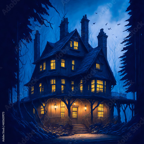 A painting of a house with lights on the bottom