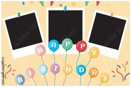 Happy birthday  wish card photo frame polaroid photo frame illustration vector design template