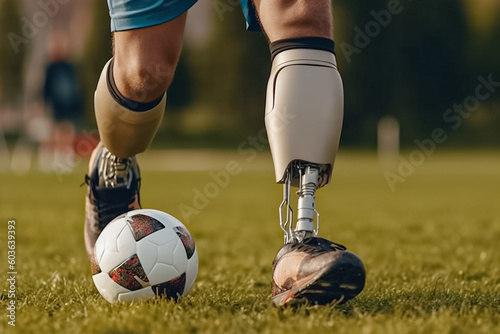 A man on prosthetic legs running and playing football on sports field. A man on prosthetic legs doing sport. Inclusiveness of society for disabled children and war veterans. Generative AI