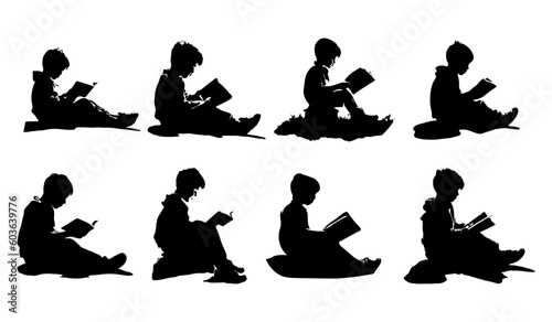 set of silhouettes of little boys sitting while reading a book