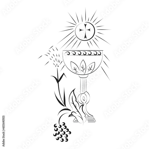 Jesus And The Eucharist illustration. Eucharist in Chalice with Grapes and Wheat for print or use as poster, card, flyer or T Shirt
