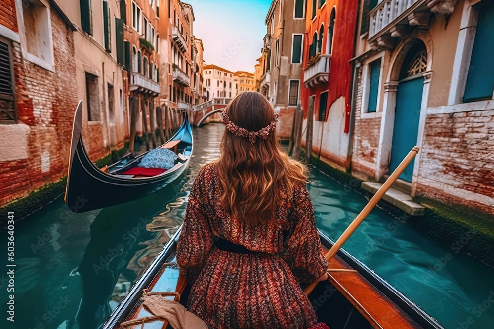 Φωτογραφία view from the back of girl tourist sitting on gondola in venica canals illustrat