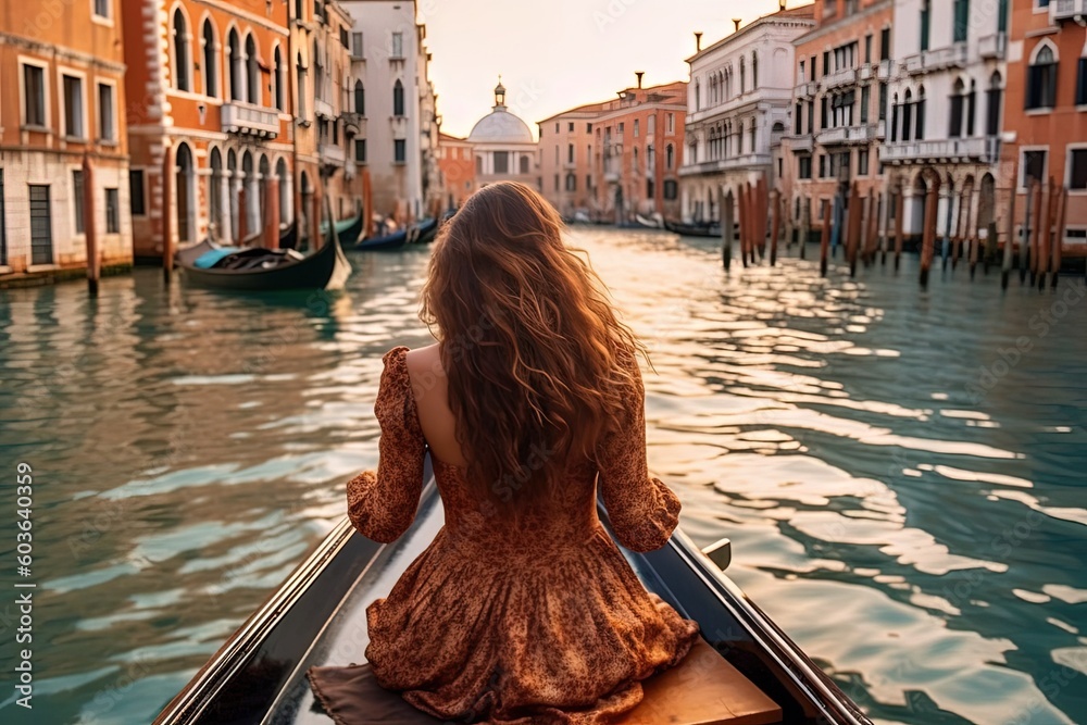 Φωτογραφία view from the back of girl tourist sitting on gondola in venica canals illustrat