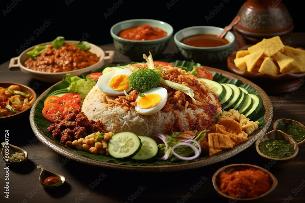 Close up of Malaysian nasi campur. Generative AI Close up of Malaysian nasi campur. Generative AI