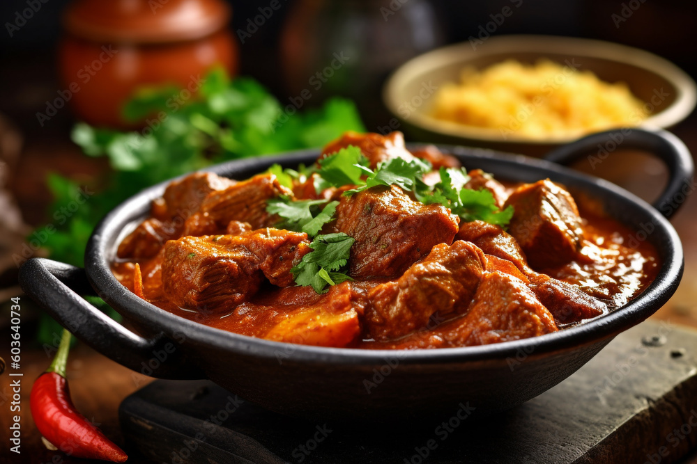 A bowl of Rogan Josh Indian lamb curry, Indian food. Generative AI - obrazy, fototapety, plakaty 