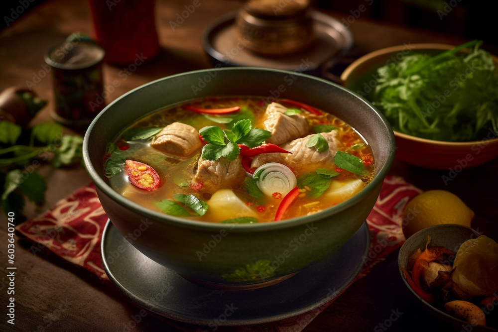 Close up of Samlor machu trey, fish sweet and sour soup, Cambodian food. Generative AI