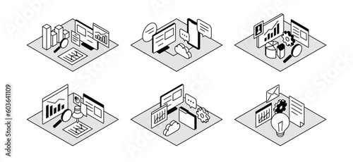 マーケティングや分析などのビジネス関連のアイソメイラストのセット　アイソメトリック　パソコン　戦略