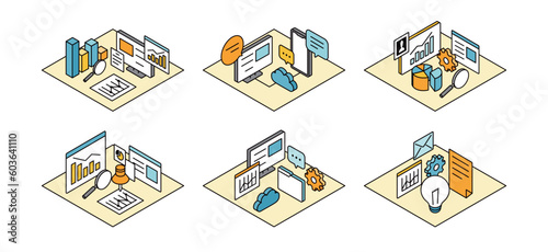 マーケティングや分析などのビジネス関連のアイソメイラストのセット　アイソメトリック　パソコン　戦略