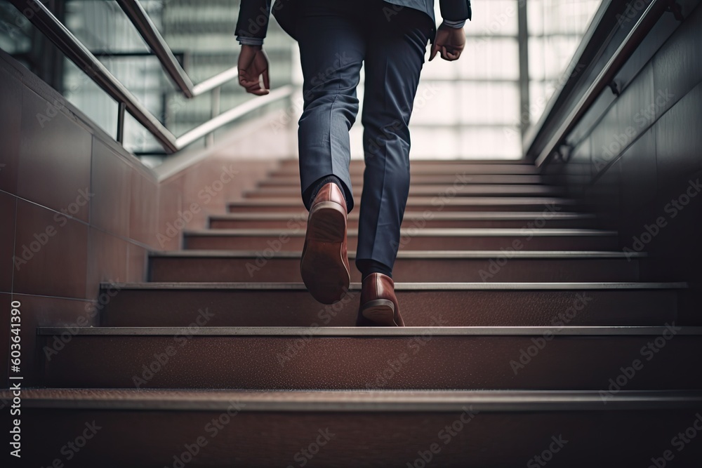 Close up young businessman feet sprinting up stairs office middle image - obrazy, fototapety, plakaty 