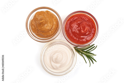 Tomato, Romesco and mayonnaise sauce, isolated on white background. photo
