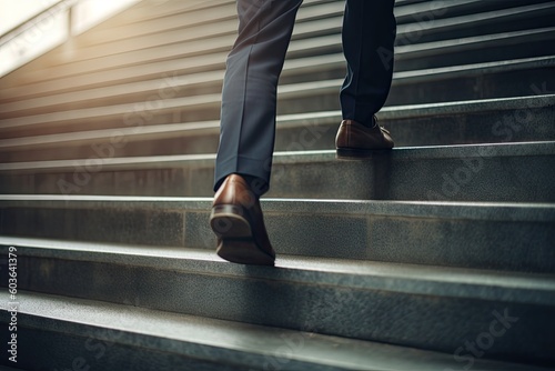 Close up young businessman feet sprinting up stairs office middle image