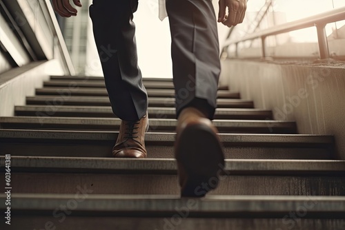 Close up young businessman feet sprinting up stairs office middle image