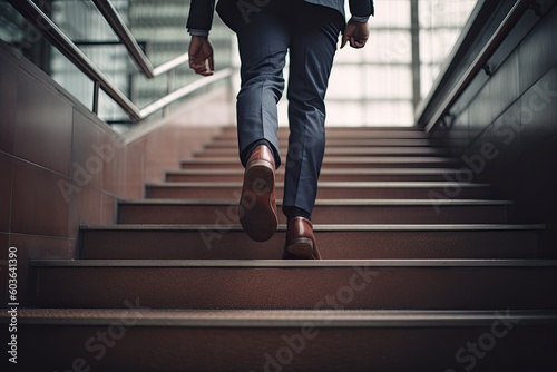 Fotobehang Close up young businessman feet sprinting up stairs office middle image