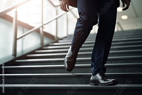 Close up young businessman feet sprinting up stairs office middle image