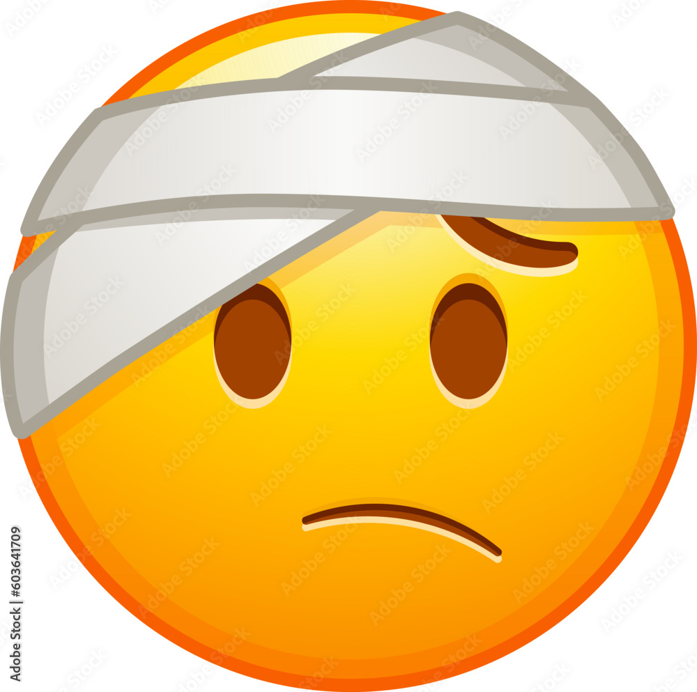 Top quality emoticon. Emoji with bandage. yellow face with a half frown