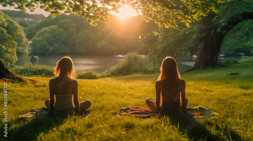 Elevate your yoga practice, Young women gather in a green park for an invigorating yoga session, Generative AI