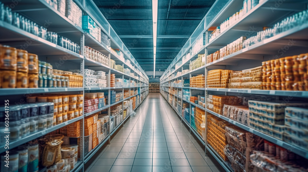 Endless choices in a long, bright supermarket aisle filled with a variety of products, Generative AI