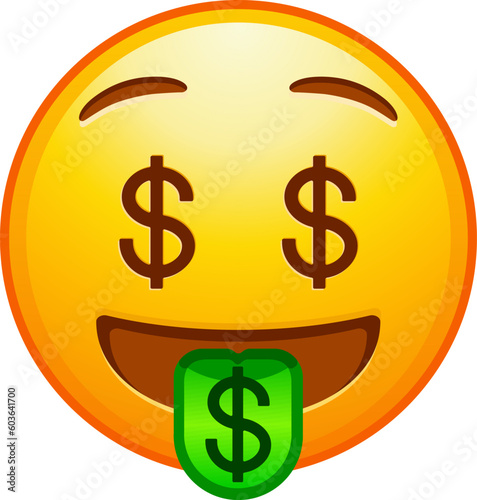 Top quality emoticon. Dollar eyes emoji. Money face emoticon with green tongue. Yellow face emoji. Popular element. Detailed emoji icon from the Telegram app.