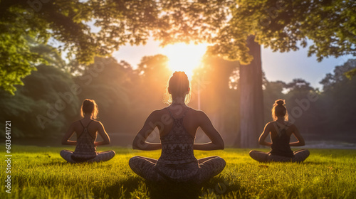 Find your inner balance, Group of young women practicing yoga in a serene green park, Generative AI