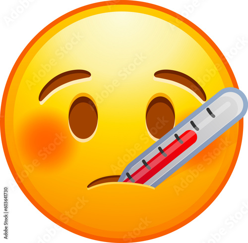 Top quality emoticon. Thermometer in mouth emoji. Sick emoticon with high fever. Yellow face emoji. Popular element. Detailed emoji icon from the Telegram app.