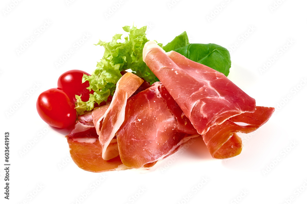 Spanish jamon iberico (serrano ham), isolated on white background. High resolution image. Spanish jamon iberico (serrano ham), isolated on white background. High resolution image.