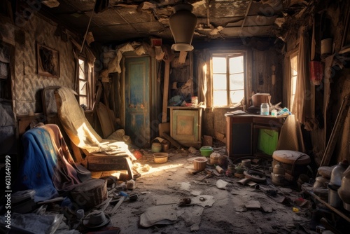 old small house extremely messy interior, ai tools generated image © whitehoune