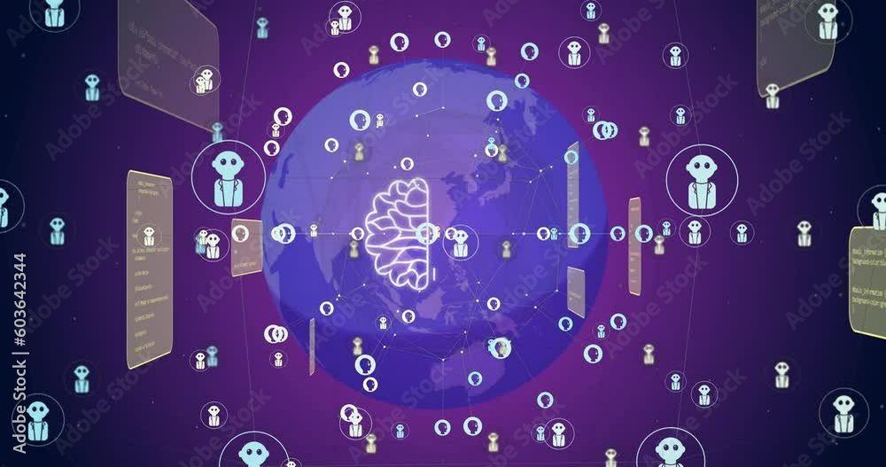 Animation of ai chat and data processing over globe on purple background Animation of ai chat and data processing over globe on purple background
