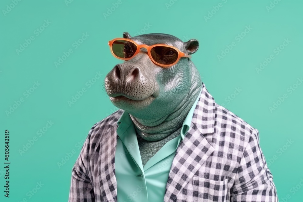 Stylish portrait of dressed up imposing anthropomorphic hippopotamus wearing glasses and suit on vibrant blue background with copy space. Funny pop art illustration. AI generative image. - obrazy, fototapety, plakaty 