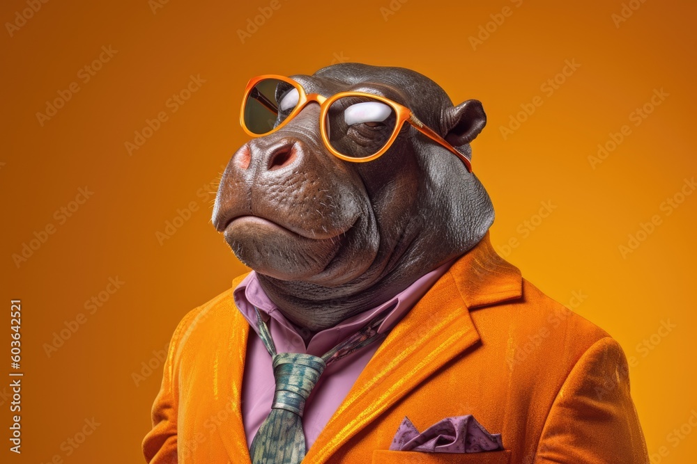 Stylish portrait of dressed up imposing anthropomorphic hippopotamus wearing glasses and suit on vibrant orange background with copy space. Funny pop art illustration. AI generative image. Stylish portrait of dressed up imposing anthropomorphic hippopotamus wearing glasses and suit on vibrant orange background with copy space. Funny pop art illustration. AI generative image.