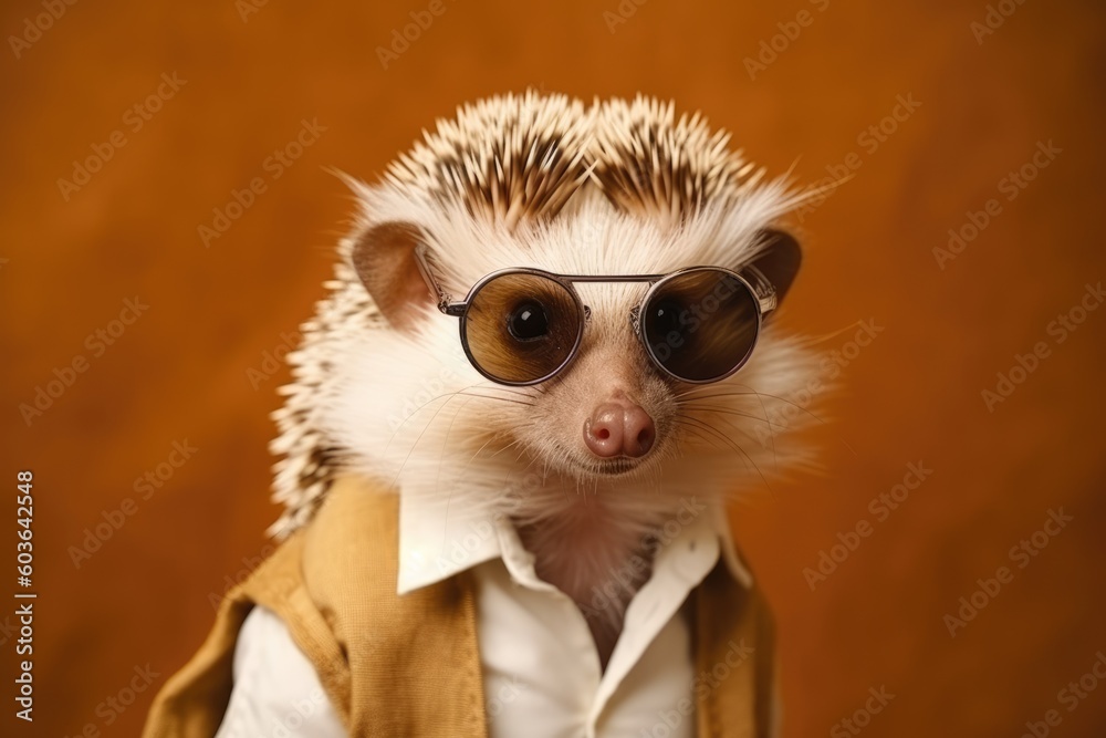 Stylish portrait of dressed up imposing anthropomorphic handsome hedgehog wearing glasses and suit on vibrant orange background with copy space. Funny illustration. AI generative image.