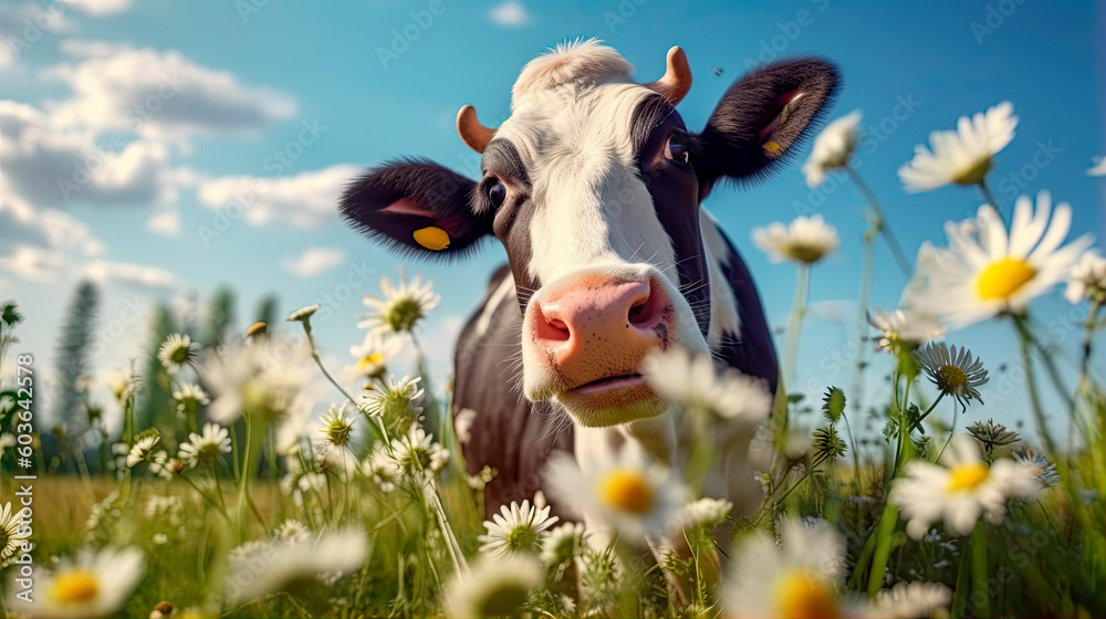 A cow grazes in a meadow with daisies.  Generative AI.