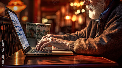 A man typing on a laptop with a mug of coffee. Generative AI.