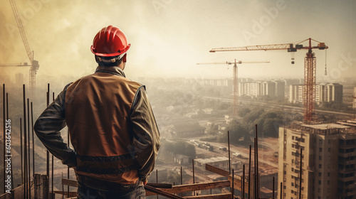 A man in a hard hat stands on a construction site looking at a construction site. Generative AI