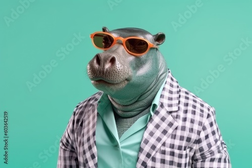 Photo Stylish portrait of dressed up imposing anthropomorphic hippopotamus wearing glasses and suit on vibrant blue background with copy space