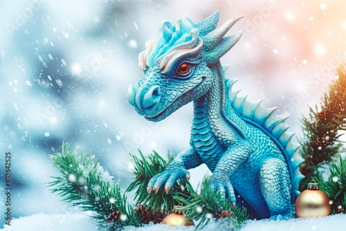 A blue dragon with  stands in front of a snowy forest. Generative AI. © Анастасия Козырева