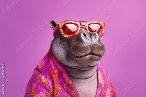 Stylish portrait of dressed up imposing anthropomorphic hippopotamus wearing glasses and suit on vibrant pink background with copy space. Funny pop art illustration. AI generative image.