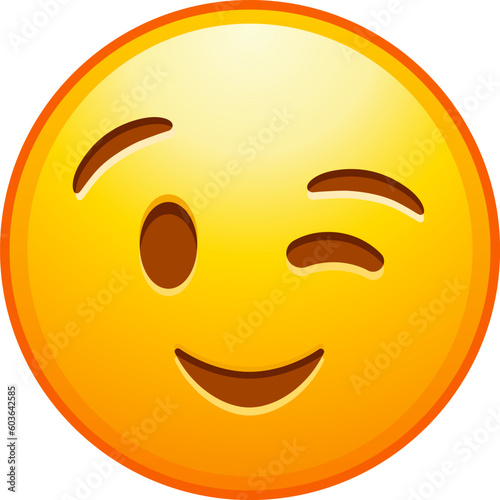 Top quality emoticon. Winking Face. Eye wink emoji. Yellow face emoji. Popular element. Detailed emoji icon from the Telegram app.