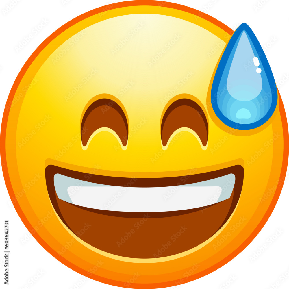 Top quality emoticon. Awkward emoji. Embarrassed laughing emoticon, yellow face with sweat drop. Detailed emoji icon from the Telegram app. - obrazy, fototapety, plakaty 