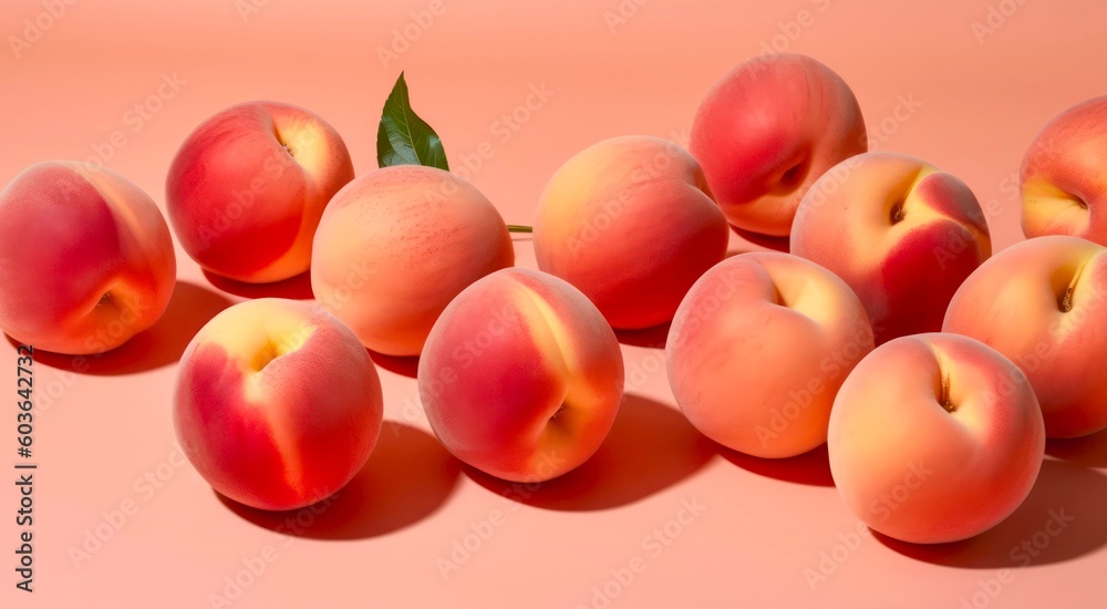 Closeup peaches on pastel orange background. Generative AI. Closeup peaches on pastel orange background. Generative AI.