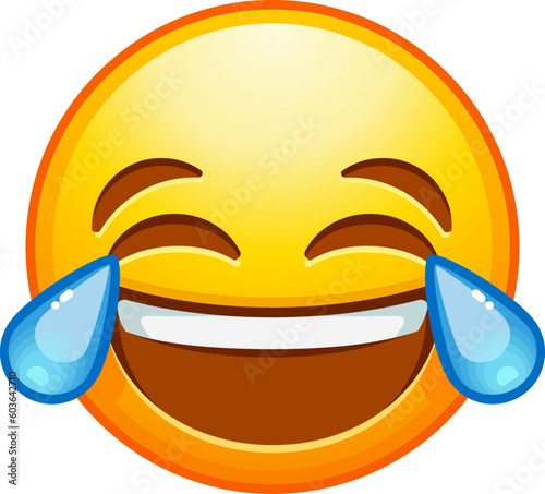 Top quality emoticon. Laughing emoji with tears and closed eyes. Yellow face emoji. Popular element. Detailed emoji icon from the Telegram app.