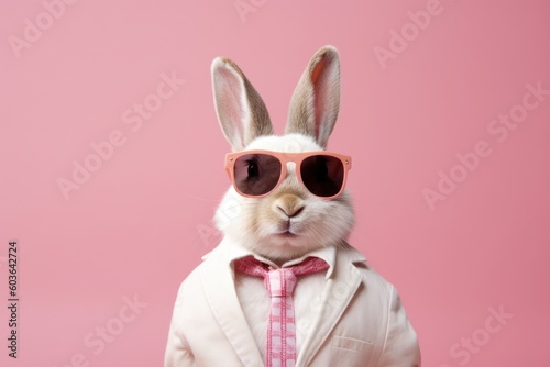 Stylish portrait of dressed up anthropomorphic bunny wearing glasses and suit on vibrant pink background with copy space. Funny pop art animal illustration. AI generative image. © vlntn