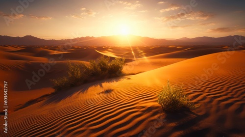 Sunset in the sandy desert. Amazing landscape of sand dunes under the scorching setting sun. Generative AI.