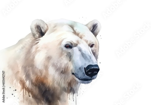 Watercolor portrait of a polar bear on white background. Generative AI.