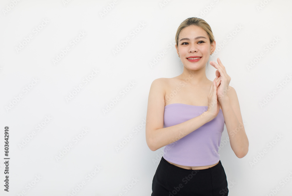 Portrait isolated cutout closeup shot of millennial Asian young beautiful sexy long hair model in seamless tube cropped top standing posing crossed arms look at camera on white background copy space Portrait isolated cutout closeup shot of millennial Asian young beautiful sexy long hair model in seamless tube cropped top standing posing crossed arms look at camera on white background copy space